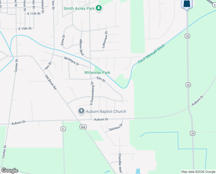 map of restaurants, bars, coffee shops, grocery stores, and more near 1309 Elm Street in Auburn
