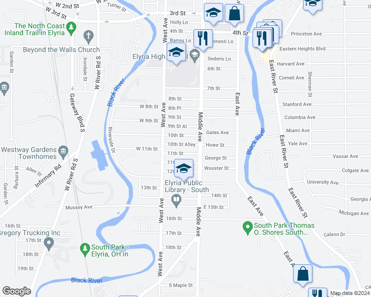 map of restaurants, bars, coffee shops, grocery stores, and more near 325 11th St in Elyria