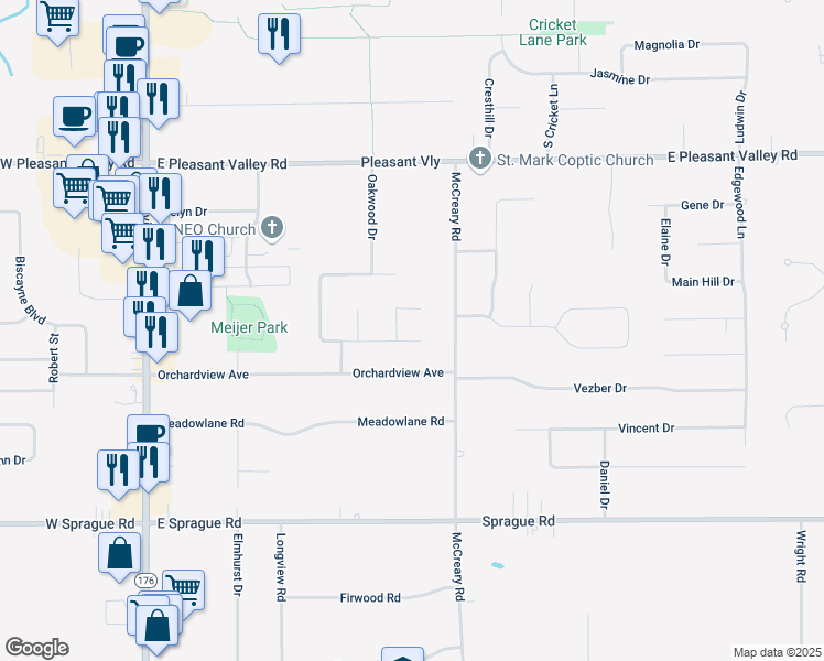 map of restaurants, bars, coffee shops, grocery stores, and more near 2001 Applewood Drive in Seven Hills