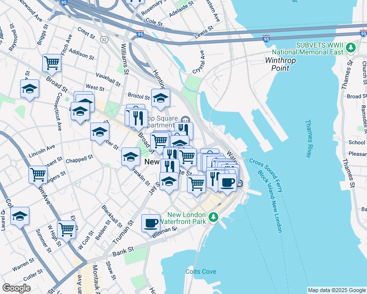 map of restaurants, bars, coffee shops, grocery stores, and more near 35 Governor Winthrop Boulevard in New London