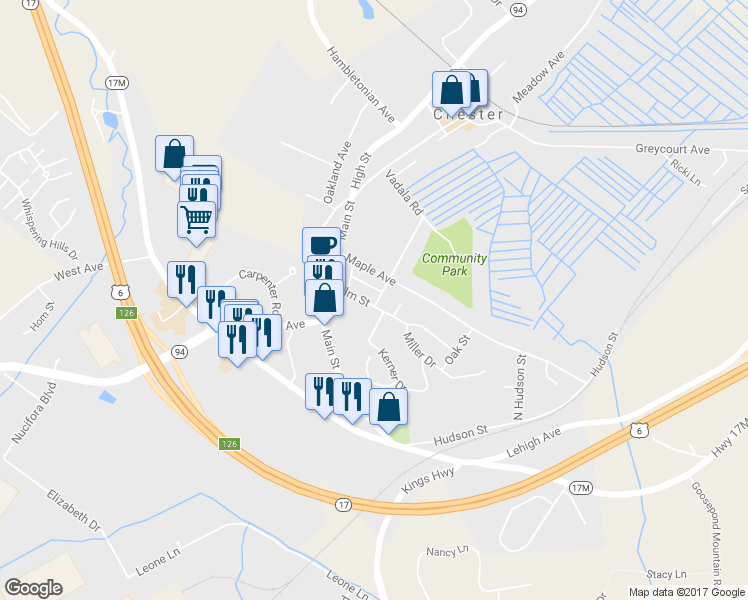 map of restaurants, bars, coffee shops, grocery stores, and more near 13 Elm Street in Chester