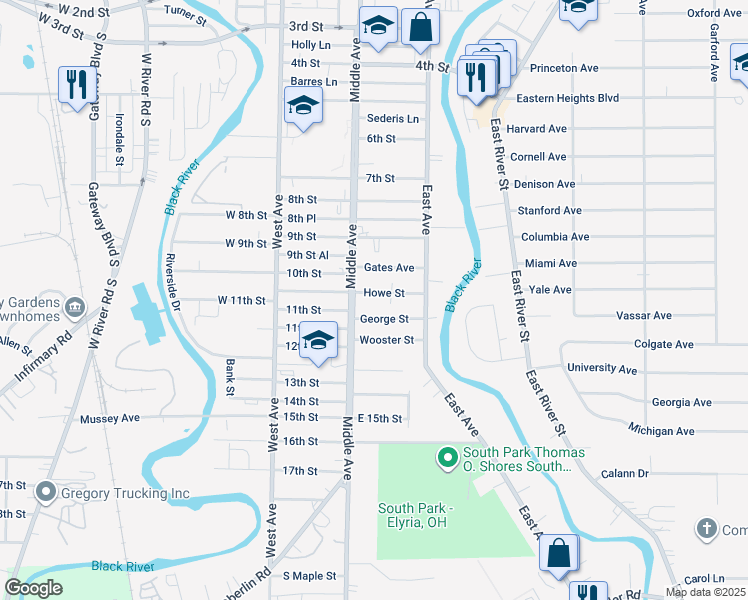 map of restaurants, bars, coffee shops, grocery stores, and more near 246 Howe Street in Elyria