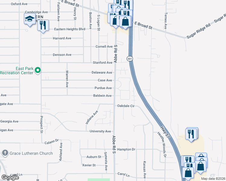 map of restaurants, bars, coffee shops, grocery stores, and more near 917 Purdue Ave in Elyria