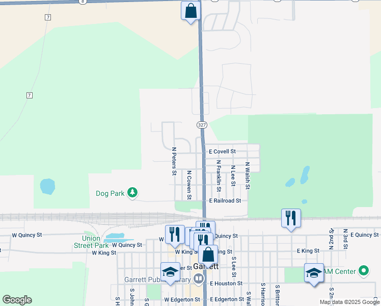 map of restaurants, bars, coffee shops, grocery stores, and more near 701 North Francis Street in Garrett