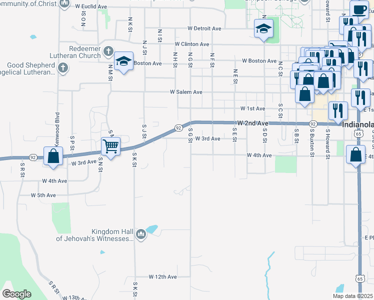 map of restaurants, bars, coffee shops, grocery stores, and more near 411 South G Street in Indianola