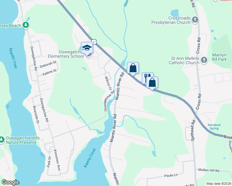 map of restaurants, bars, coffee shops, grocery stores, and more near 275 Niantic River Road in Waterford