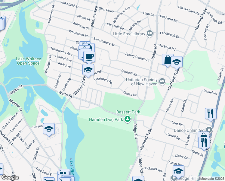 map of restaurants, bars, coffee shops, grocery stores, and more near 111 Dessa Drive in Hamden