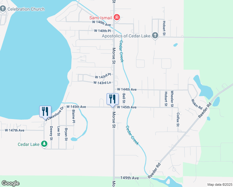 map of restaurants, bars, coffee shops, grocery stores, and more near 14411 Morse Street in Cedar Lake