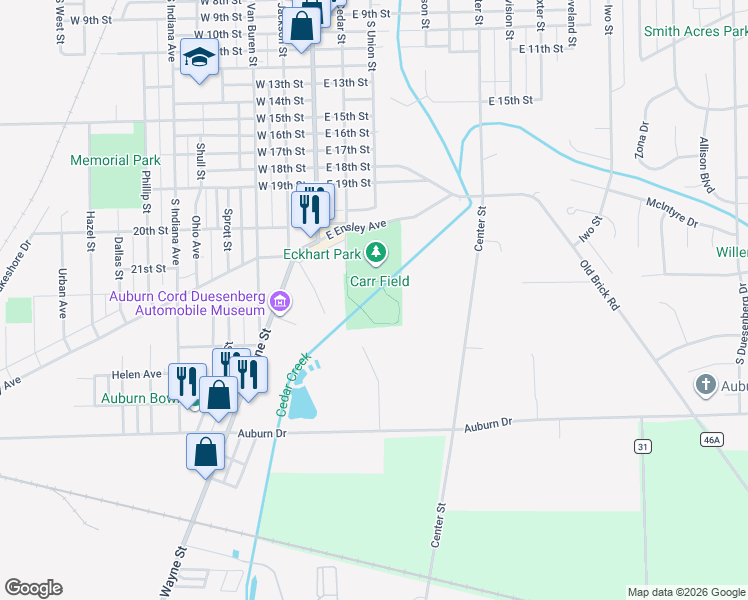 map of restaurants, bars, coffee shops, grocery stores, and more near 1518 South Cedar Street in Auburn