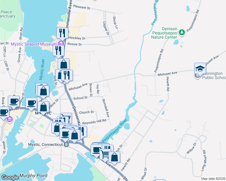 map of restaurants, bars, coffee shops, grocery stores, and more near 2 Wausau Place in Stonington