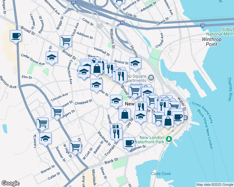 map of restaurants, bars, coffee shops, grocery stores, and more near in New London