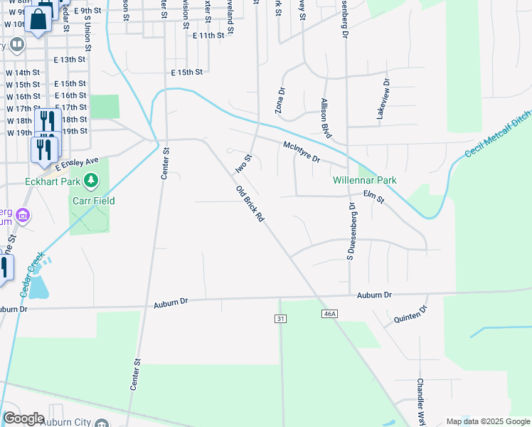 map of restaurants, bars, coffee shops, grocery stores, and more near 1101 Old Brick Road in Auburn