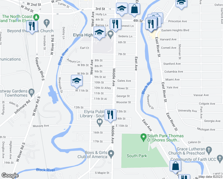 map of restaurants, bars, coffee shops, grocery stores, and more near 1019 Middle Avenue in Elyria