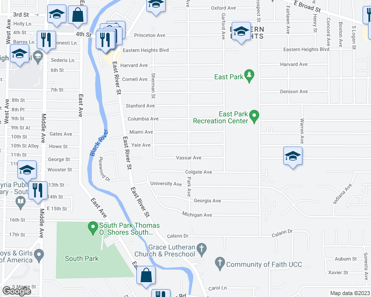map of restaurants, bars, coffee shops, grocery stores, and more near 257 Yale Avenue in Elyria