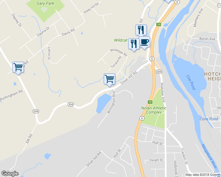 map of restaurants, bars, coffee shops, grocery stores, and more near 104 Great Hill Road in Seymour