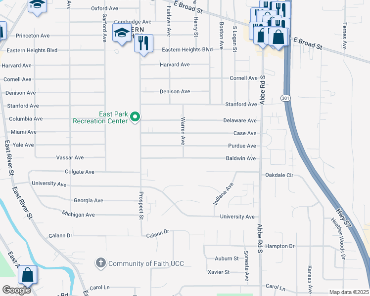 map of restaurants, bars, coffee shops, grocery stores, and more near 601 Purdue Avenue in Elyria