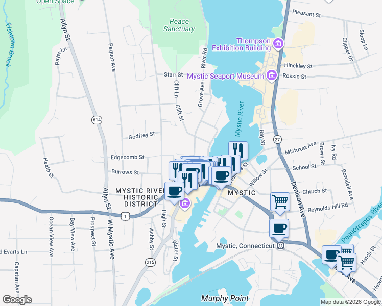 map of restaurants, bars, coffee shops, grocery stores, and more near 26 Pearl Street in Groton