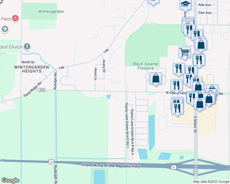 map of restaurants, bars, coffee shops, grocery stores, and more near 1 Springhill Drive in Bowling Green