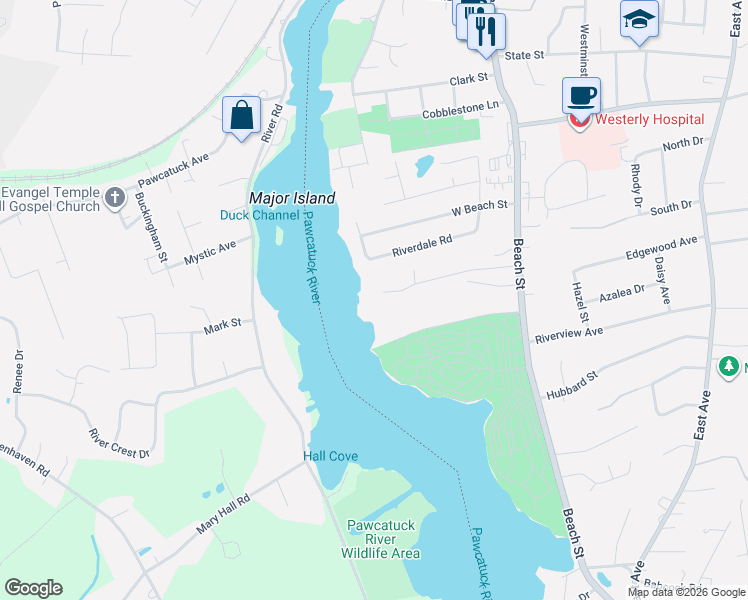 map of restaurants, bars, coffee shops, grocery stores, and more near 34 Lanphere Road in Westerly
