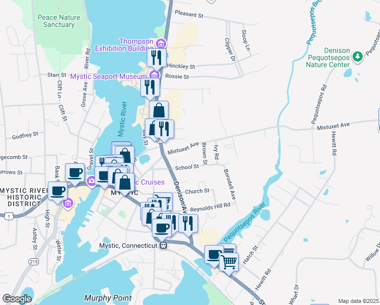 map of restaurants, bars, coffee shops, grocery stores, and more near 13 School Street in Stonington