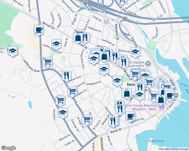map of restaurants, bars, coffee shops, grocery stores, and more near 104 Williams Street in New London