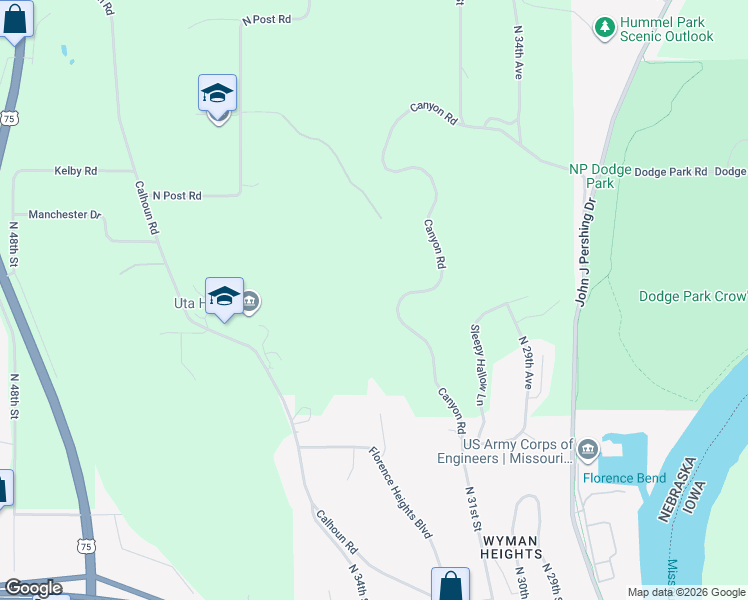 map of restaurants, bars, coffee shops, grocery stores, and more near 10550 Canyon Road in Omaha
