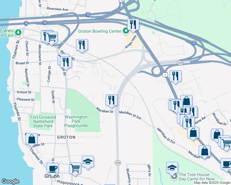 map of restaurants, bars, coffee shops, grocery stores, and more near 298 Meridian Street in Groton