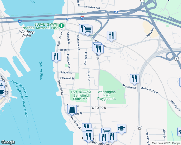 map of restaurants, bars, coffee shops, grocery stores, and more near 16 Smith Street in Groton