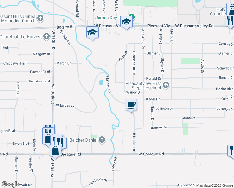 map of restaurants, bars, coffee shops, grocery stores, and more near 7757 East Linden Lane in Parma