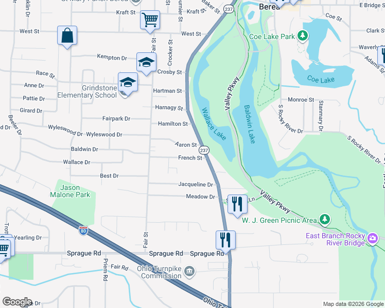 map of restaurants, bars, coffee shops, grocery stores, and more near 37 French Street in Berea