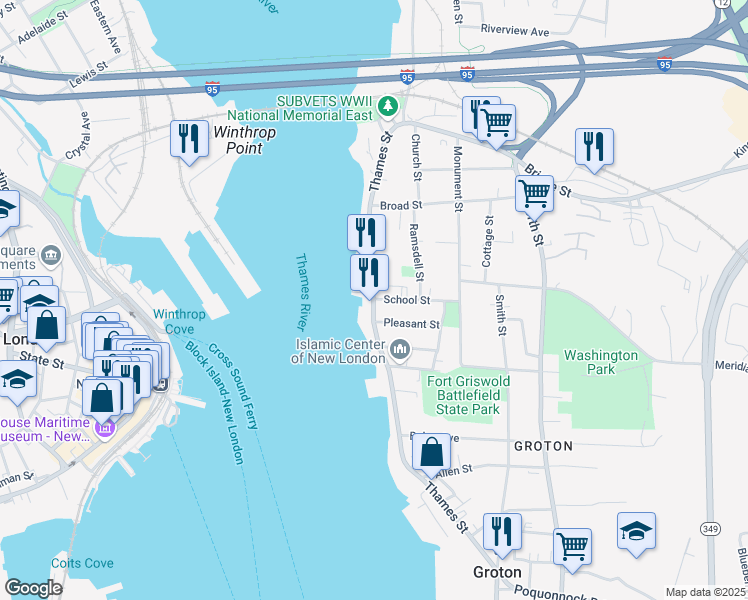 map of restaurants, bars, coffee shops, grocery stores, and more near Thames Street & School Street in Groton