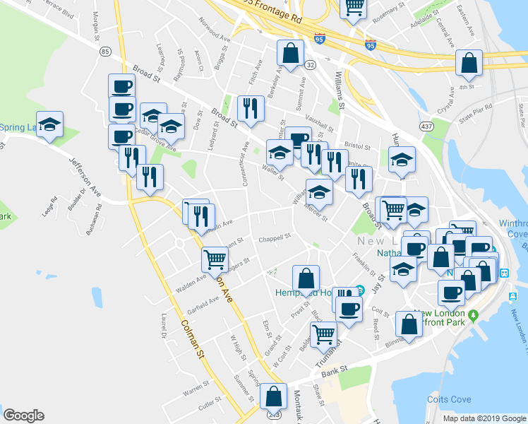 map of restaurants, bars, coffee shops, grocery stores, and more near 38 Lincoln Avenue in New London