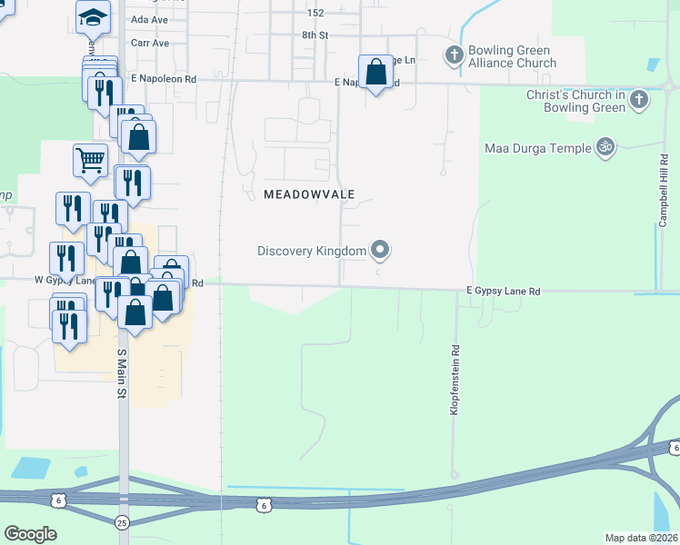 map of restaurants, bars, coffee shops, grocery stores, and more near 1069 Klotz Road in Bowling Green