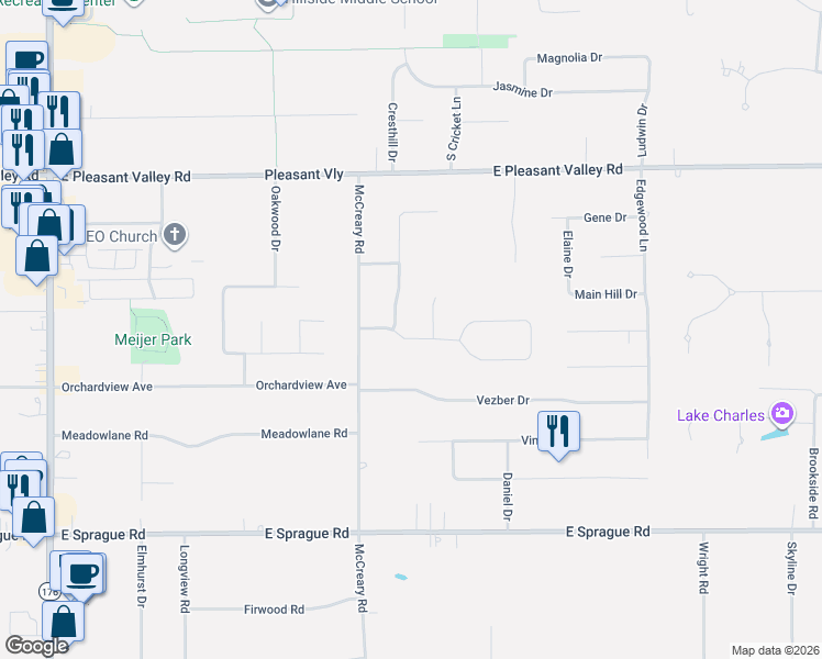 map of restaurants, bars, coffee shops, grocery stores, and more near 2550 Wynde Tree Drive in Seven Hills