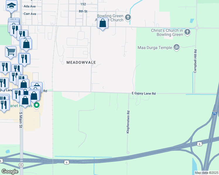 map of restaurants, bars, coffee shops, grocery stores, and more near 12417 East Gypsy Lane Road in Bowling Green