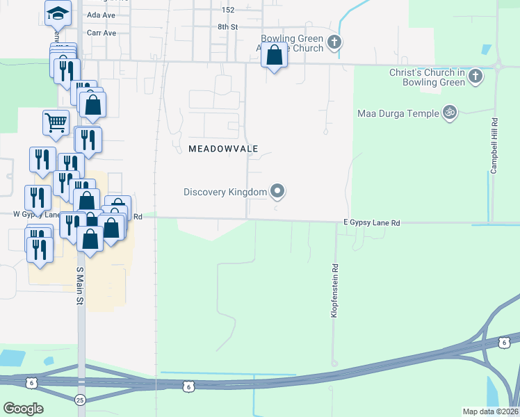 map of restaurants, bars, coffee shops, grocery stores, and more near 12999 E Gypsy Lane Rd in Bowling Green