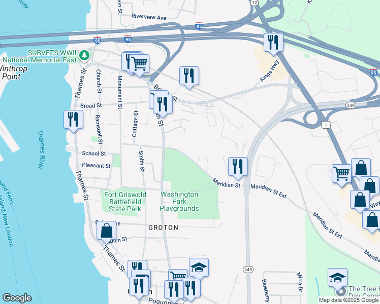 map of restaurants, bars, coffee shops, grocery stores, and more near 158 Meridian Street in Groton