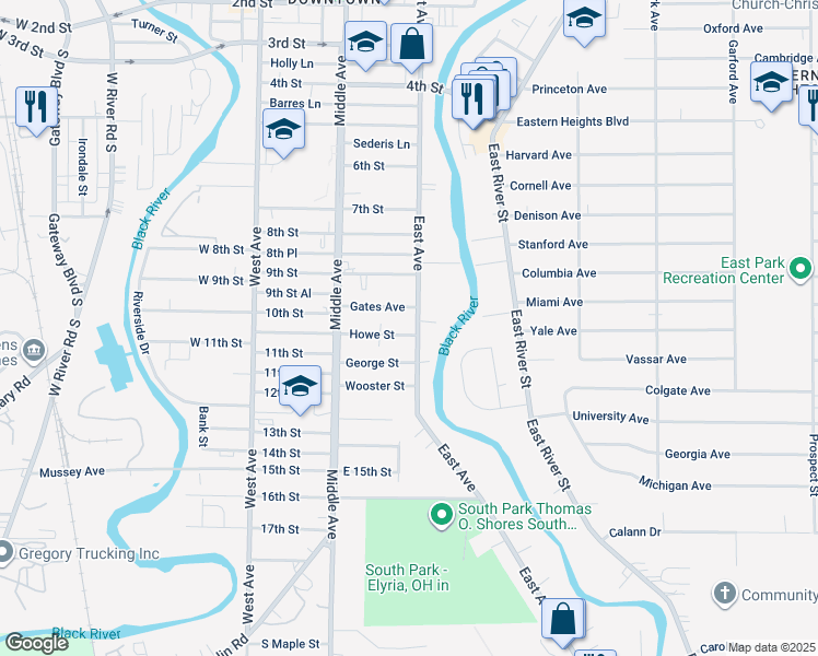 map of restaurants, bars, coffee shops, grocery stores, and more near 1015 East Avenue in Elyria