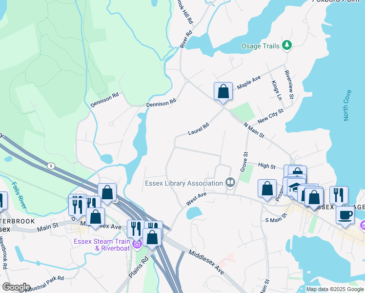 map of restaurants, bars, coffee shops, grocery stores, and more near 11 Grandview Terrace in Essex