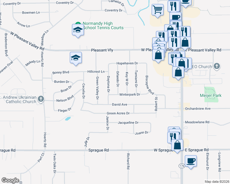 map of restaurants, bars, coffee shops, grocery stores, and more near 2103 Winterpark Drive in Parma