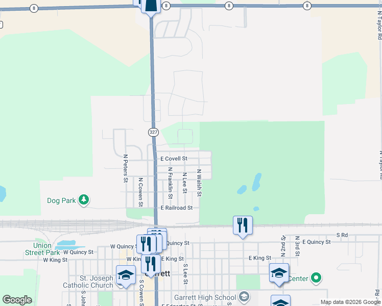 map of restaurants, bars, coffee shops, grocery stores, and more near 304 East Covell Street in Garrett