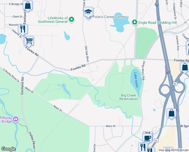 map of restaurants, bars, coffee shops, grocery stores, and more near 7661 Isaac Drive in Middleburg Heights
