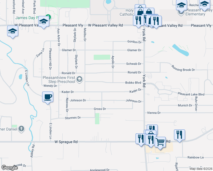 map of restaurants, bars, coffee shops, grocery stores, and more near 11180 Kader Drive in Parma