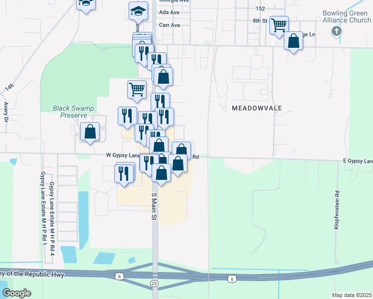map of restaurants, bars, coffee shops, grocery stores, and more near 1057 Varsity East Road in Bowling Green
