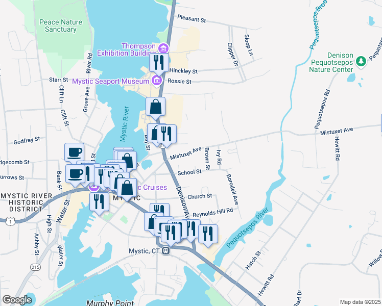 map of restaurants, bars, coffee shops, grocery stores, and more near 13 School Street in Stonington