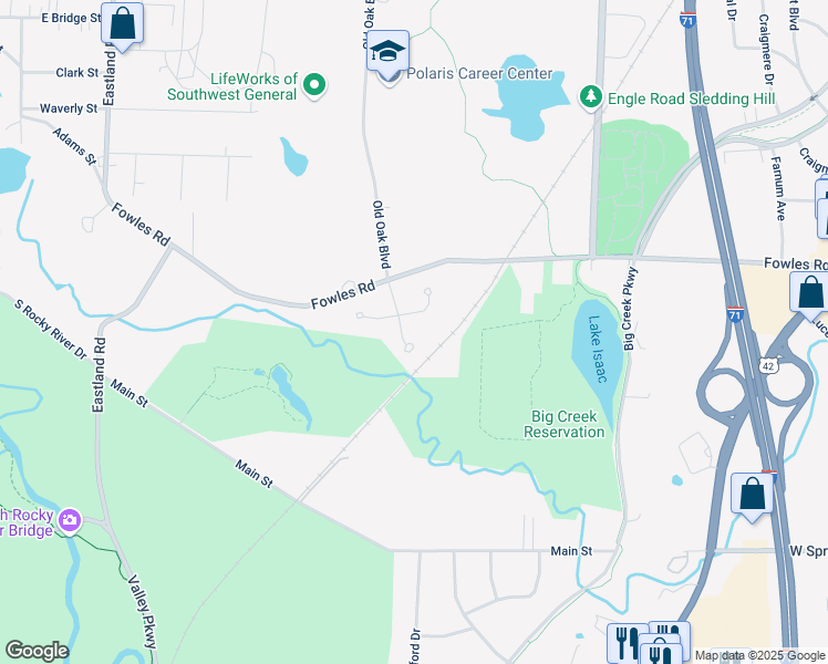 map of restaurants, bars, coffee shops, grocery stores, and more near 7661 Isaac Drive in Middleburg Heights