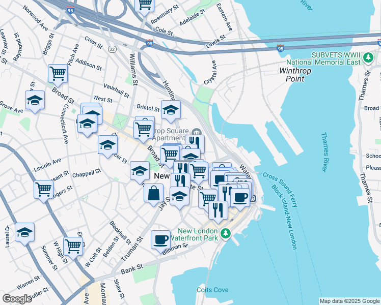 map of restaurants, bars, coffee shops, grocery stores, and more near 68 Federal Street in New London
