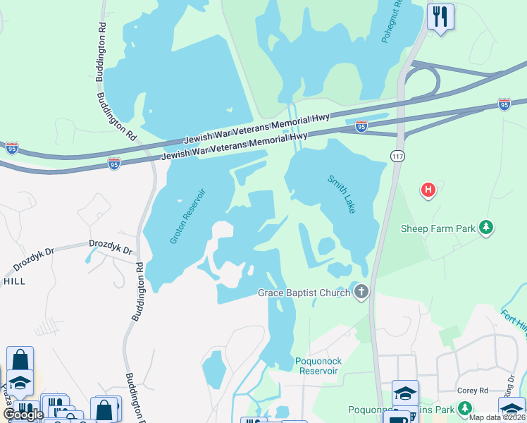 map of restaurants, bars, coffee shops, grocery stores, and more near Interstate 95 in Groton