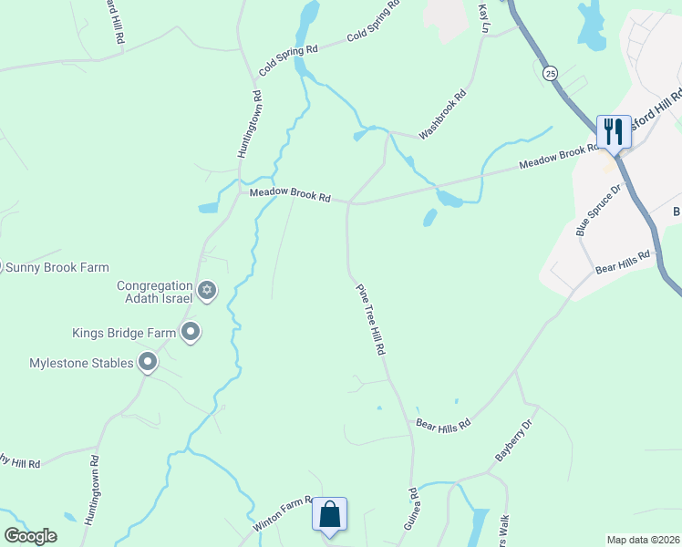 map of restaurants, bars, coffee shops, grocery stores, and more near 12 Pine Tree Hill Road in Newtown
