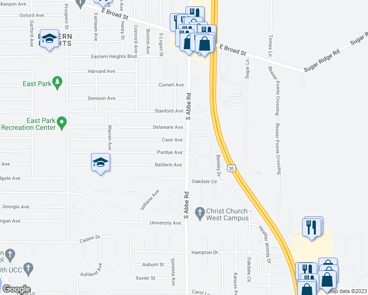 map of restaurants, bars, coffee shops, grocery stores, and more near 1219 South Abbe Road in Elyria